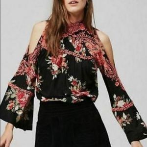 Free People Bainbridge floral cold shoulder blouse with retro bell sleeve XS